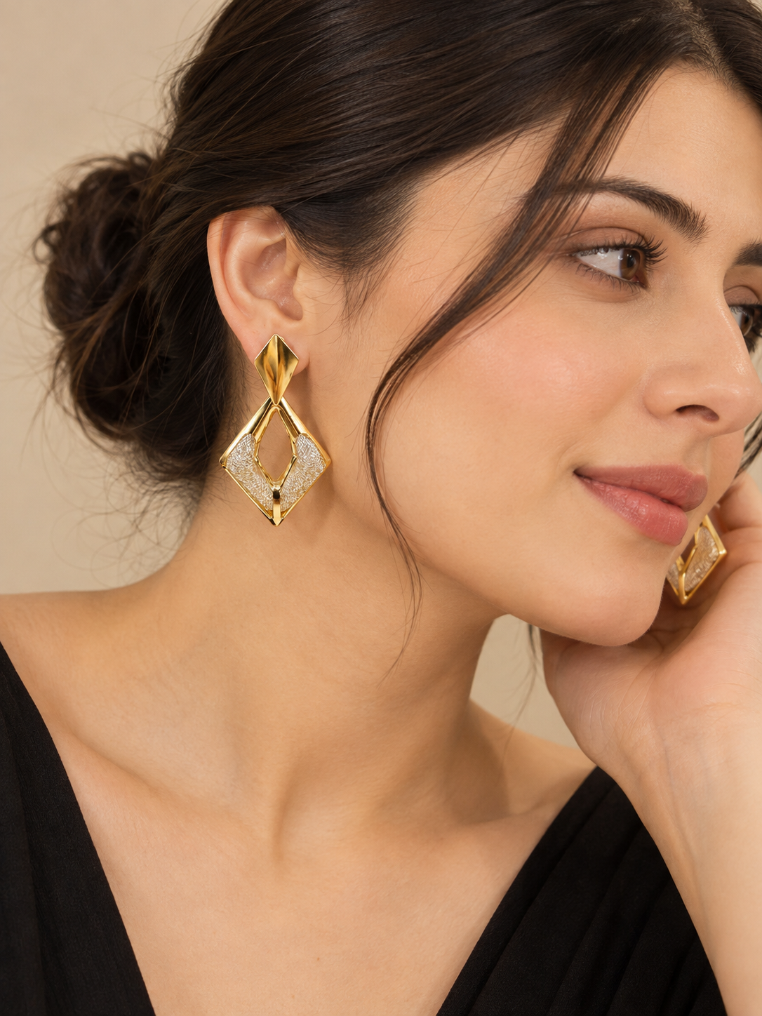 Golden Diamond Drop Earrings – Geometric Statement Elegance