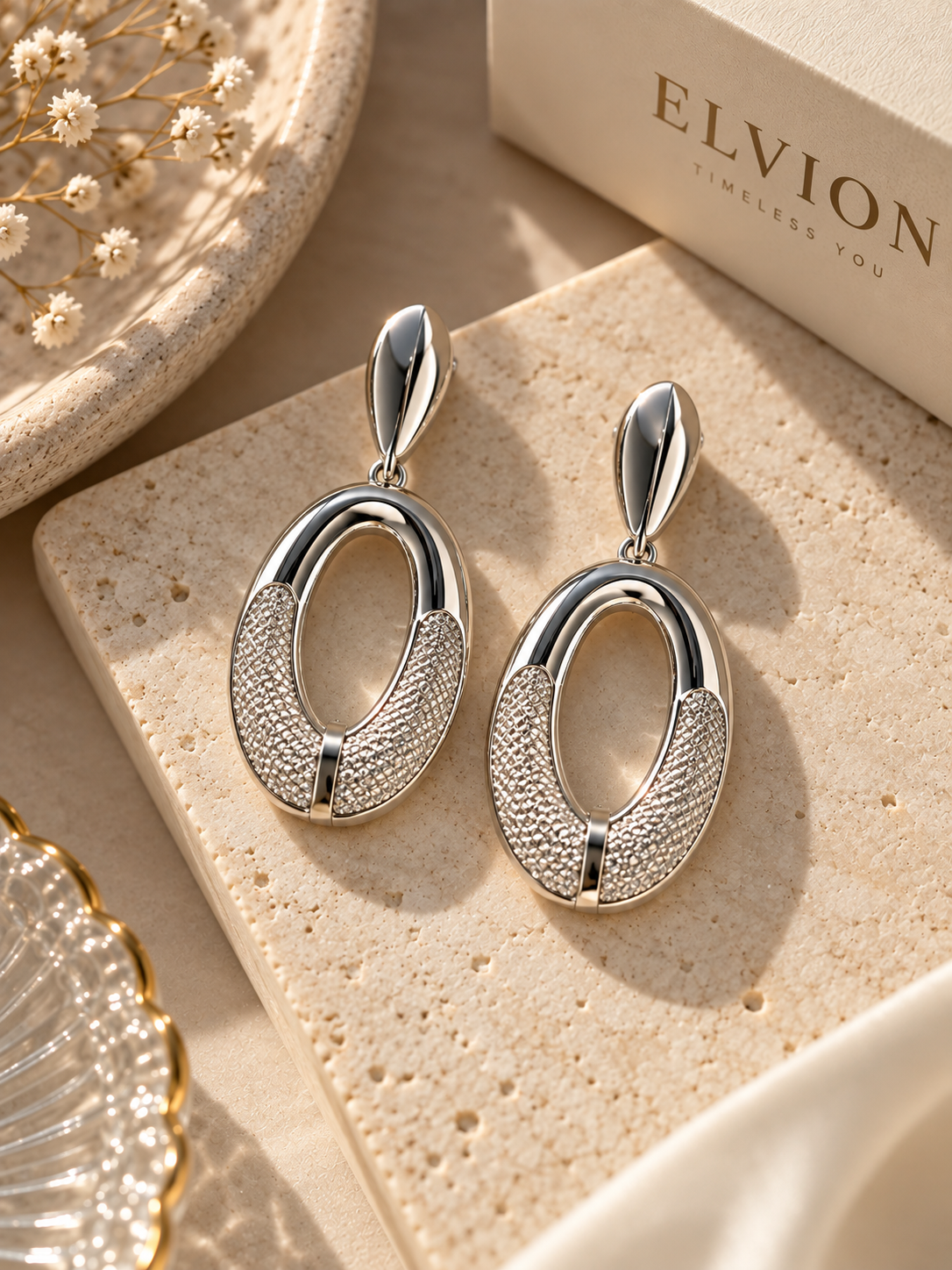Silver Oval Halo Earrings – Contemporary Elegance