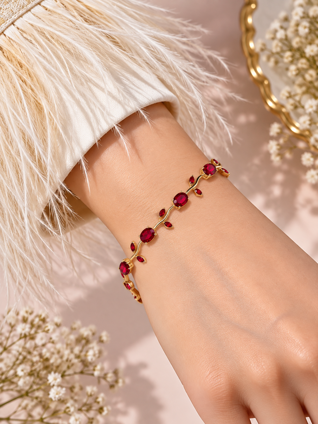 Elvion Ruby Red Vine Bracelet | Gold-Tone Floral Leaf Crystal Bracelet for Women
