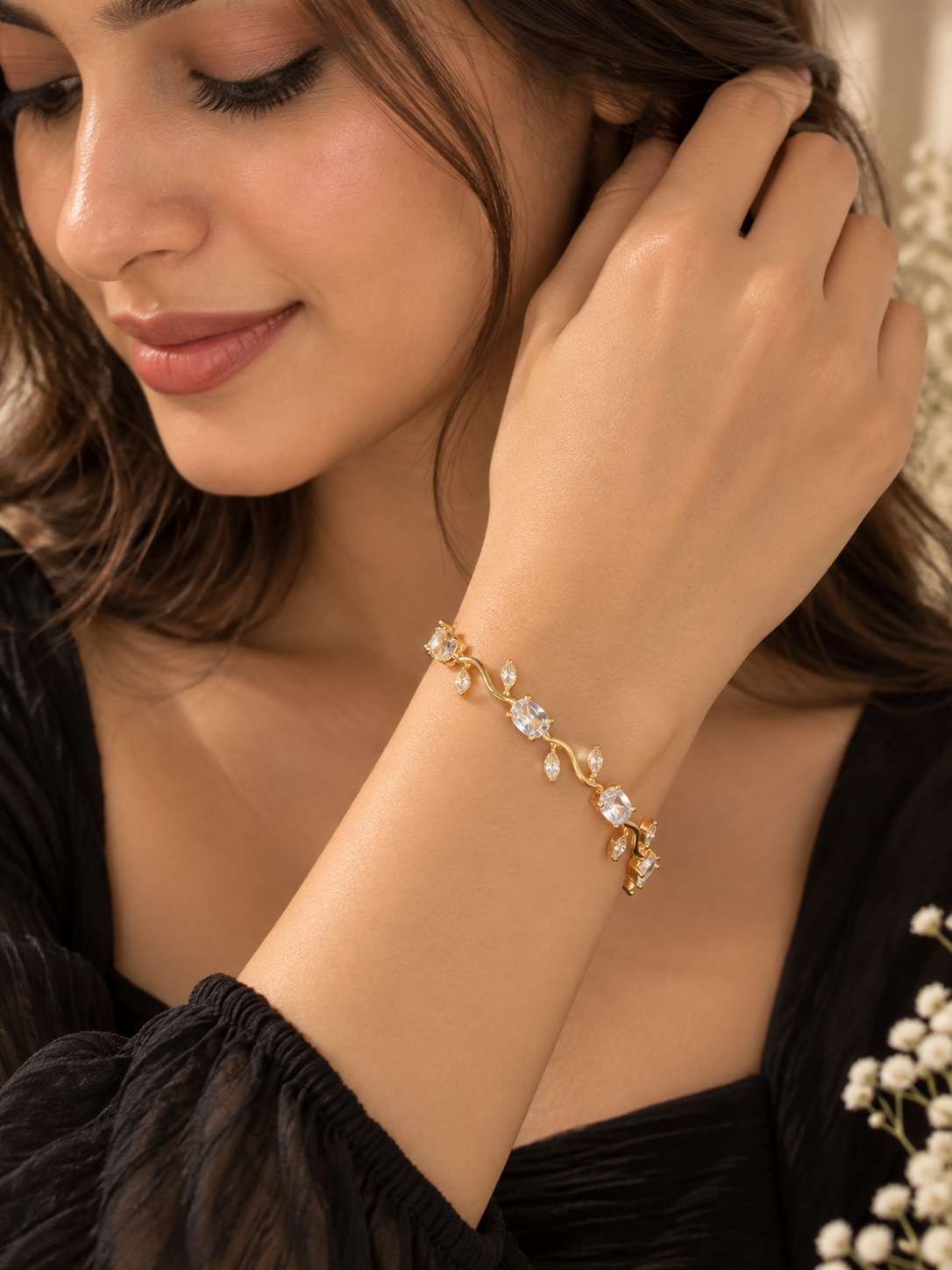 Elvion Gold-Tone Crystal Vine Bracelet | Elegant Floral Leaf Design