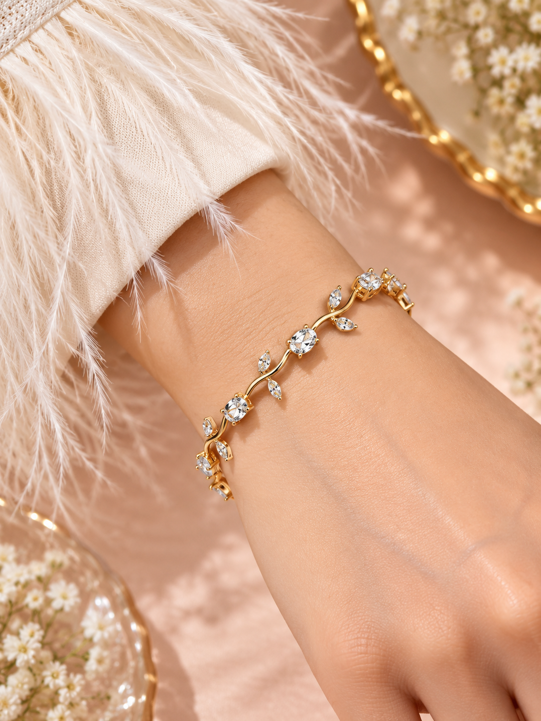 Elvion Gold-Tone Crystal Vine Bracelet | Elegant Floral Leaf Design