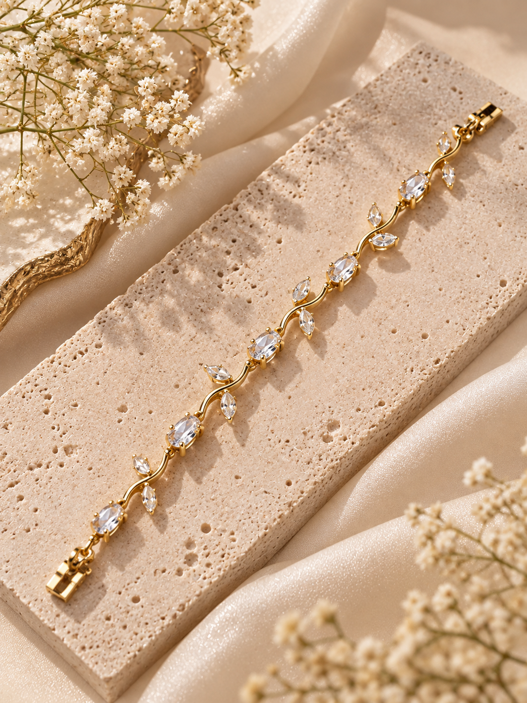 Elvion Gold-Tone Crystal Vine Bracelet | Elegant Floral Leaf Design