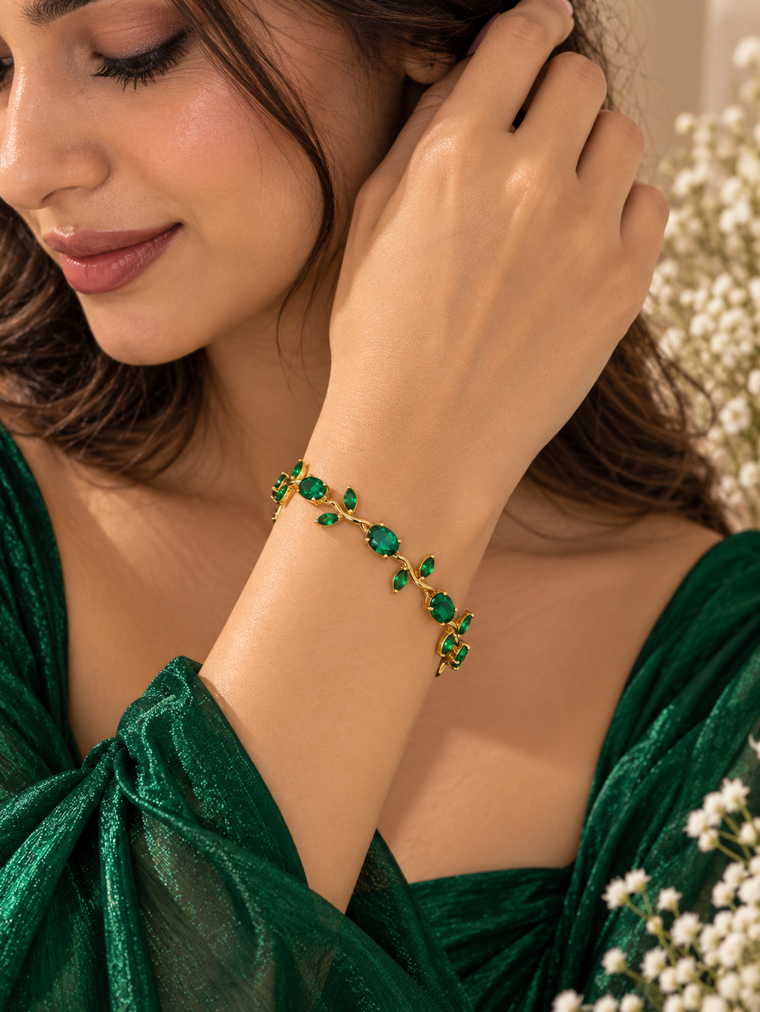 Elvion Emerald Green Vine Bracelet | Gold-Tone Floral Leaf Crystal Bracelet