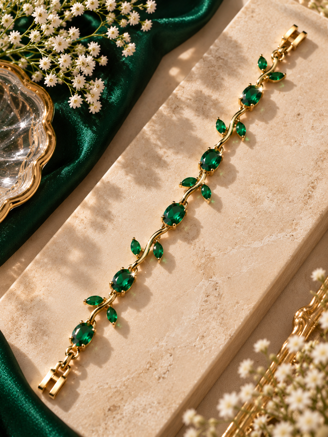 Elvion Emerald Green Vine Bracelet | Gold-Tone Floral Leaf Crystal Bracelet
