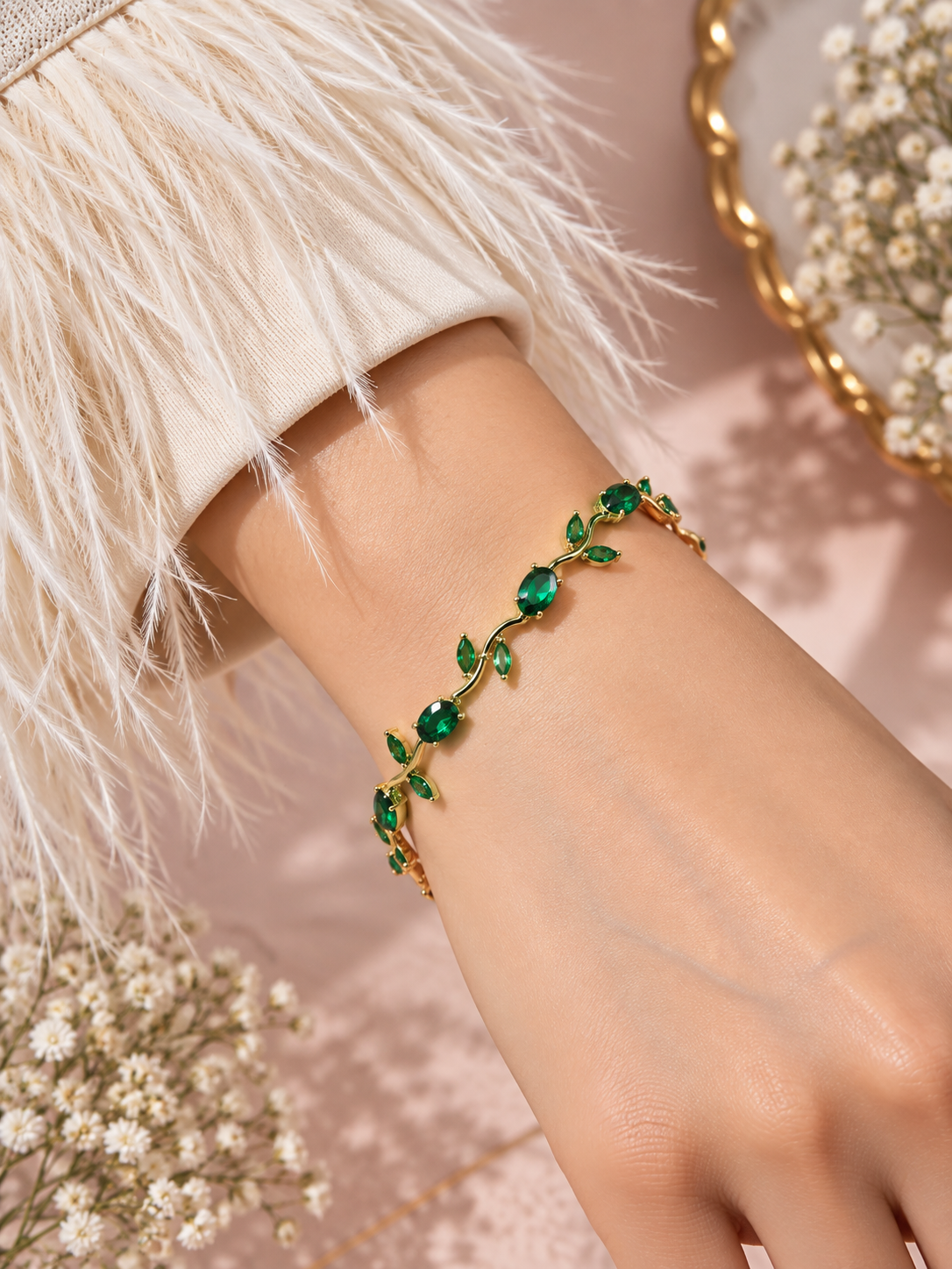 Elvion Emerald Green Vine Bracelet | Gold-Tone Floral Leaf Crystal Bracelet