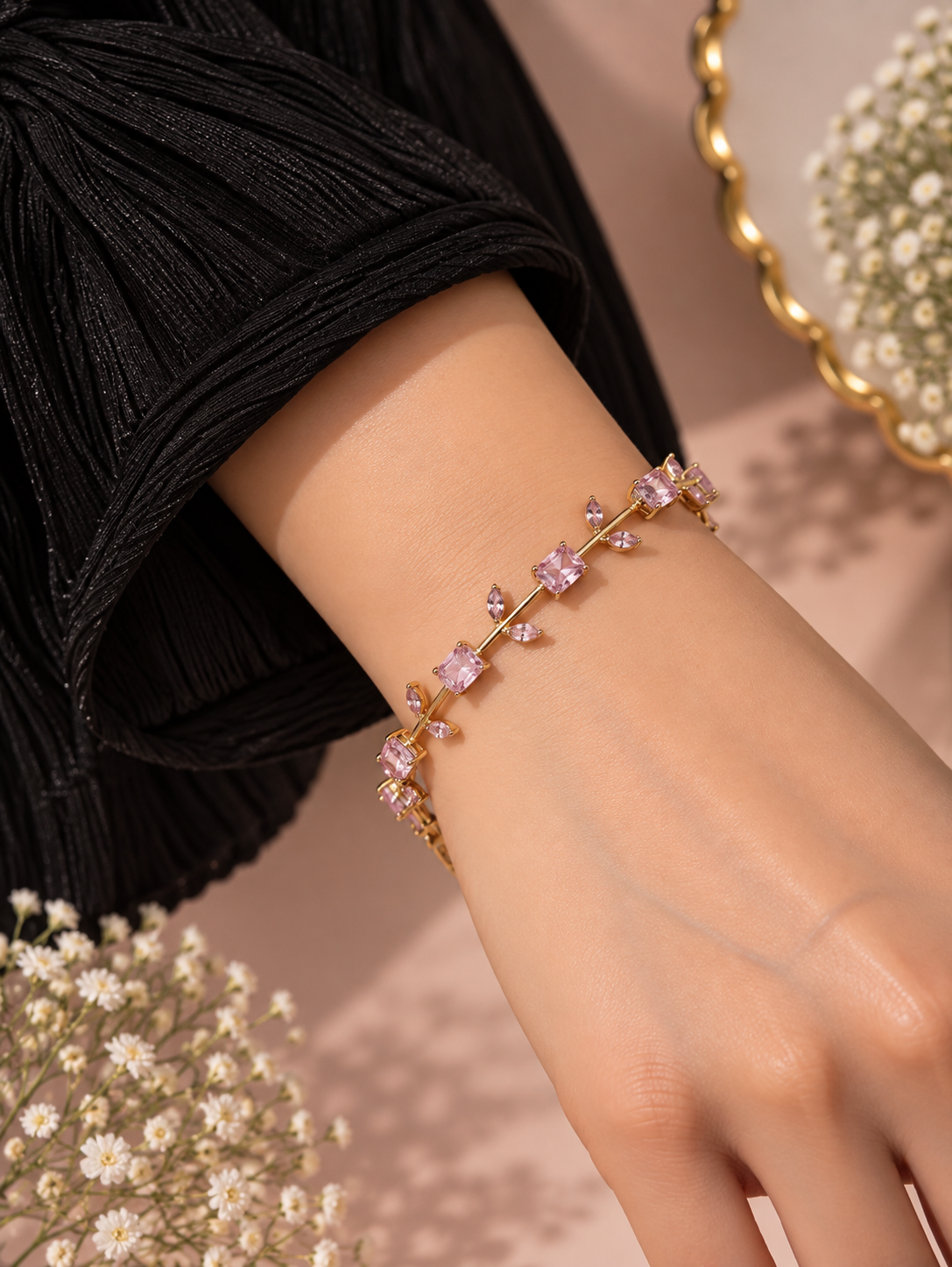Elvion Pink Crystal Vine Bracelet | Gold-Tone Floral Leaf Bracelet for Women