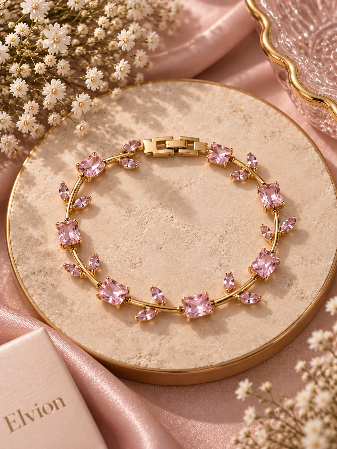 Elvion Pink Crystal Vine Bracelet | Gold-Tone Floral Leaf Bracelet for Women