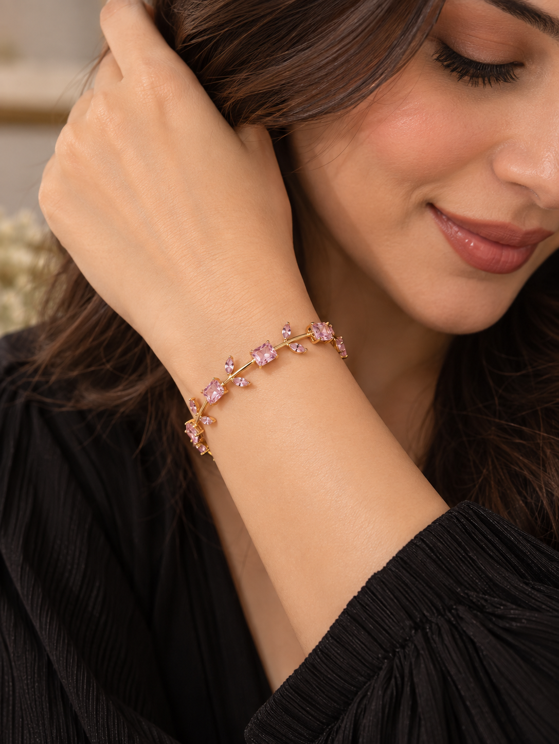 Elvion Pink Crystal Vine Bracelet | Gold-Tone Floral Leaf Bracelet for Women
