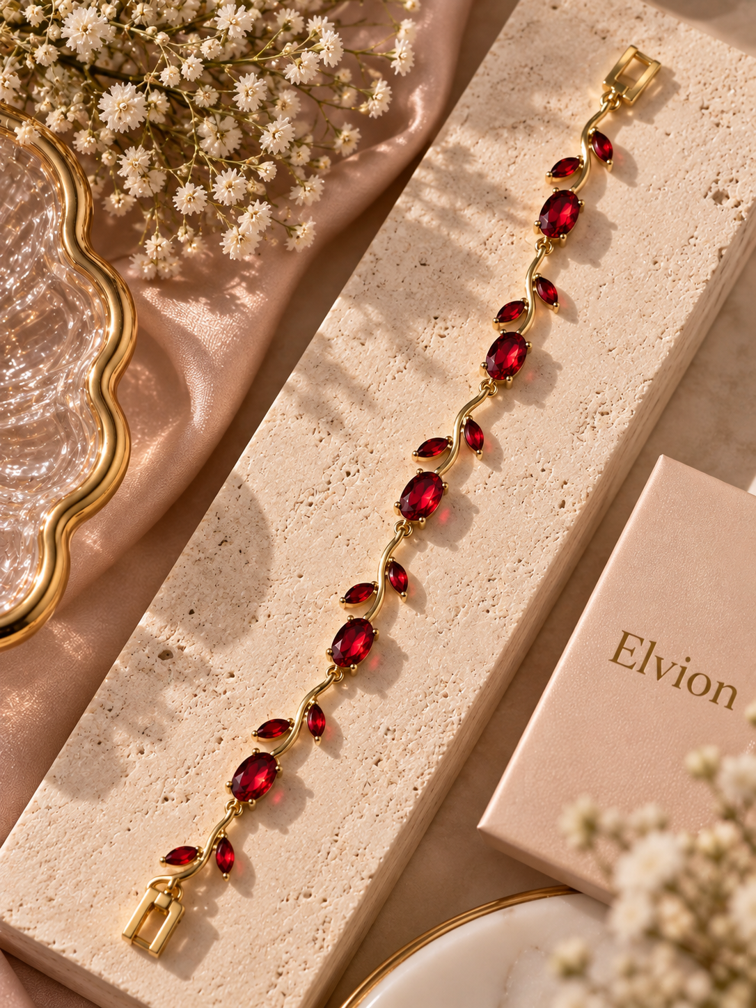 Elvion Ruby Red Vine Bracelet | Gold-Tone Floral Leaf Crystal Bracelet for Women
