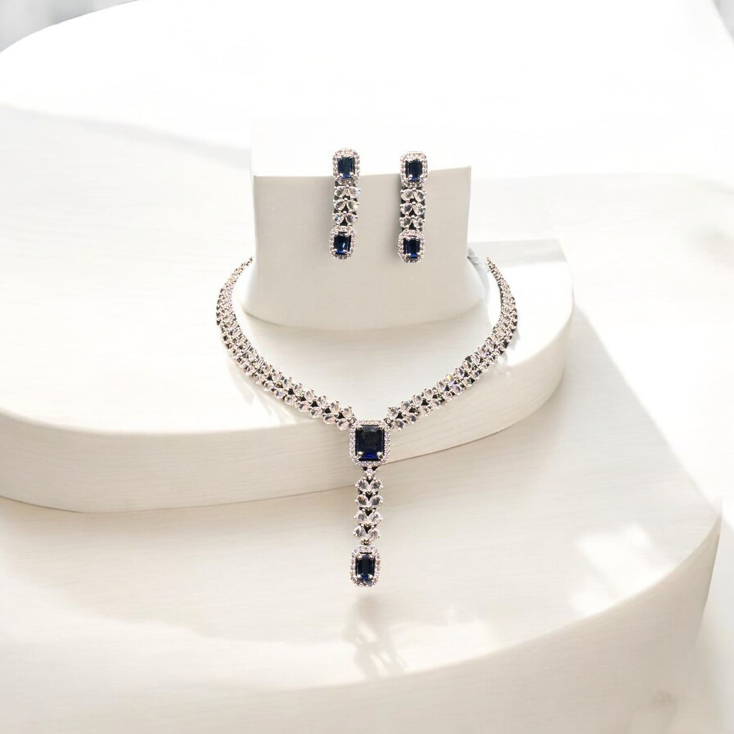 Dark Blue Gem Necklace And Earring Set