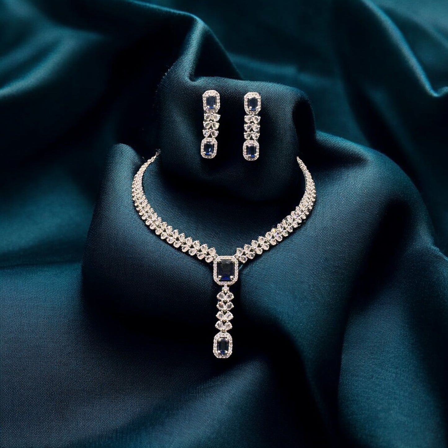 Dark Blue Gem Necklace And Earring Set
