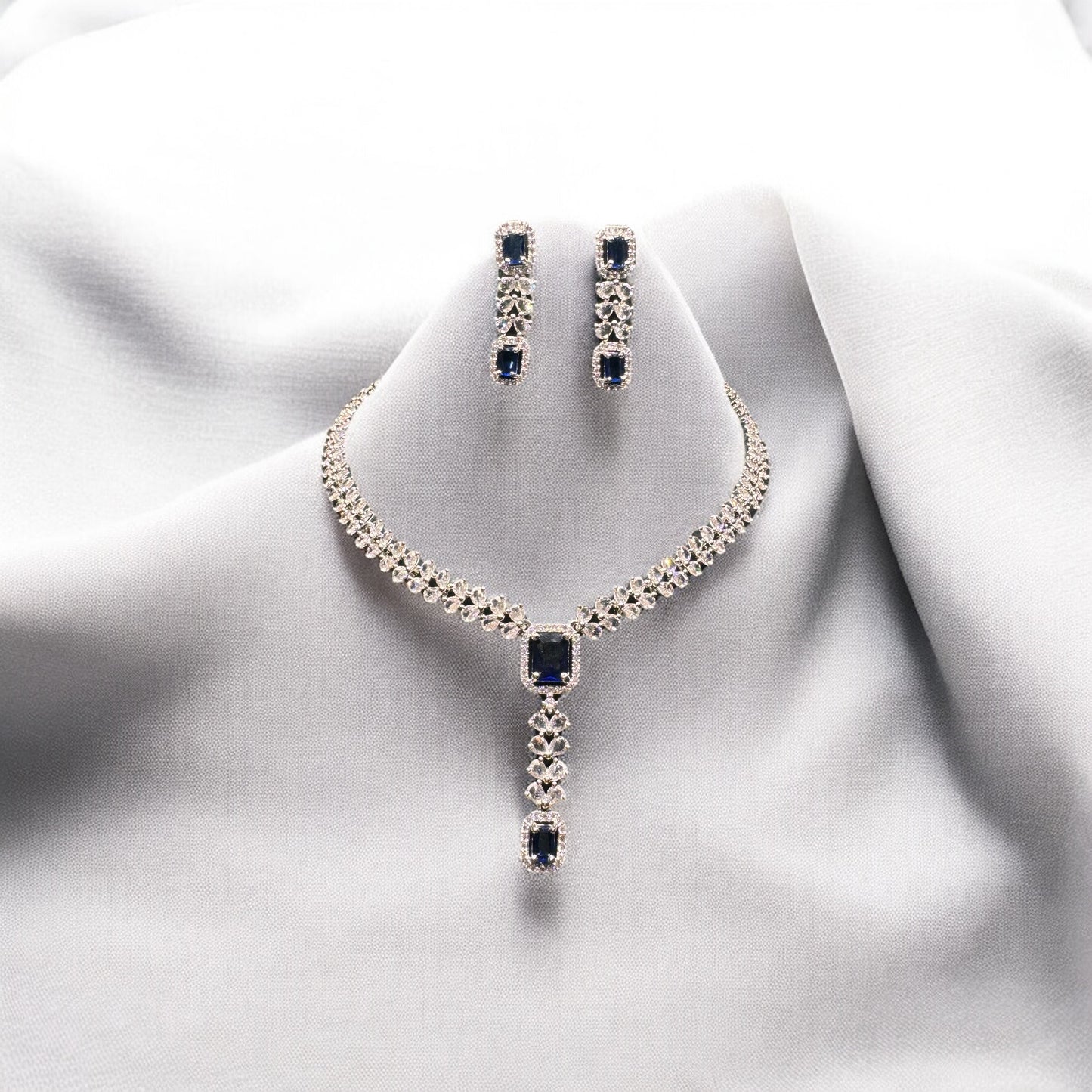 Dark Blue Gem Necklace And Earring Set