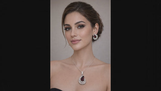 Royal Garnet Teardrop Halo Pendant & Stud Earrings Jewelry Set
