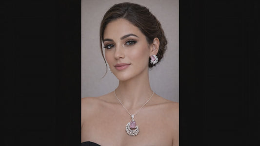 Blush Elegance Rose Quartz Halo Pendant & Stud Earrings Set