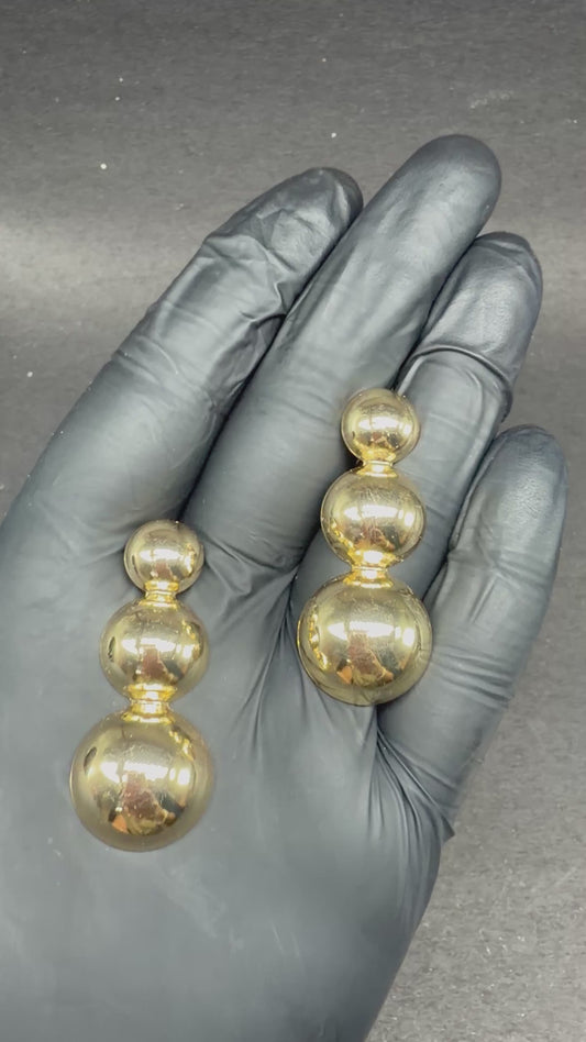 Elegant Triple Ball Glossy Gold Drop Earrings