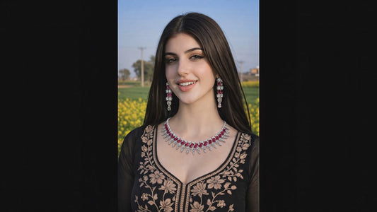 Ruby Radiance Diamond Fringe Necklace & Statement Drop Earrings Set